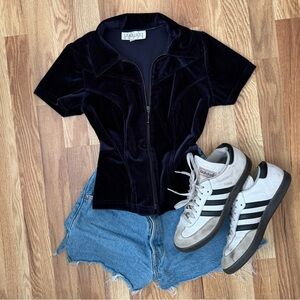 Vintage 90s Charlotte Russe Navy Blue Ribbed Velour Zip-Up Top